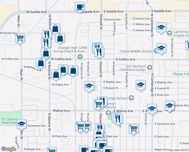 map of restaurants, bars, coffee shops, grocery stores, and more near 736 North Glassell Street in Orange