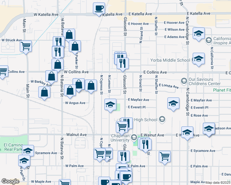 map of restaurants, bars, coffee shops, grocery stores, and more near 703 North Lemon Street in Orange