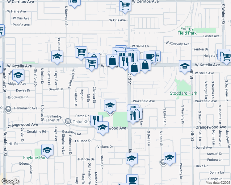 map of restaurants, bars, coffee shops, grocery stores, and more near 10872 Palma Vista Avenue in Garden Grove