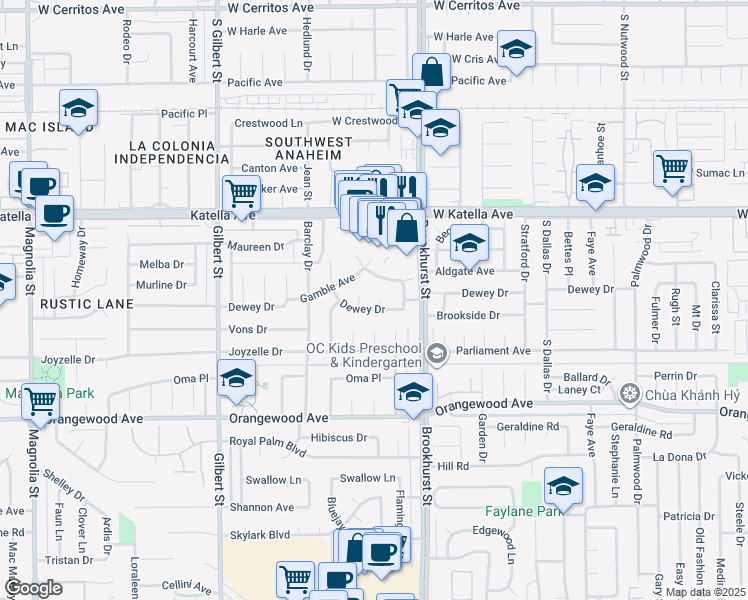map of restaurants, bars, coffee shops, grocery stores, and more near 9842 Dewey Drive in Garden Grove