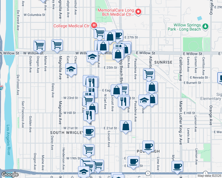 map of restaurants, bars, coffee shops, grocery stores, and more near 154 East Eagle Street in Long Beach