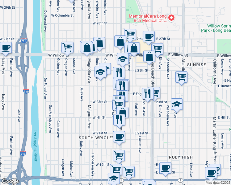 map of restaurants, bars, coffee shops, grocery stores, and more near 2333 Pacific Avenue in Long Beach