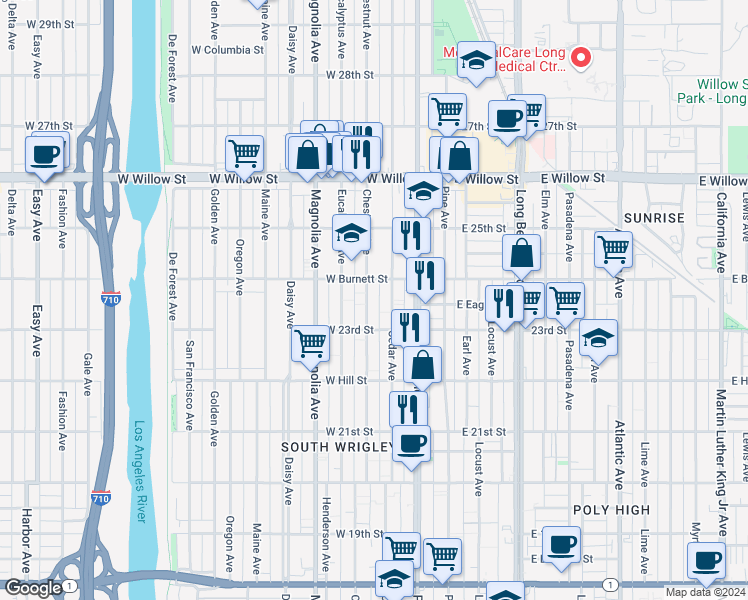 map of restaurants, bars, coffee shops, grocery stores, and more near 2324 Chestnut Avenue in Long Beach