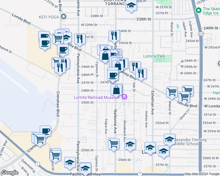 map of restaurants, bars, coffee shops, grocery stores, and more near 2244 248th Street in Lomita