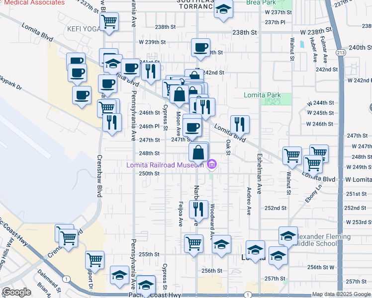 map of restaurants, bars, coffee shops, grocery stores, and more near 2244 248th Street in Lomita