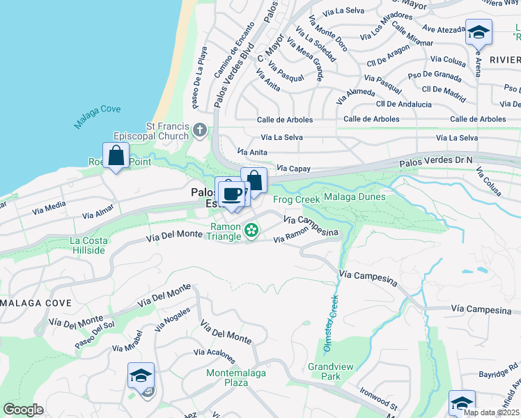 map of restaurants, bars, coffee shops, grocery stores, and more near 2512 Vía Campesina in Palos Verdes Estates