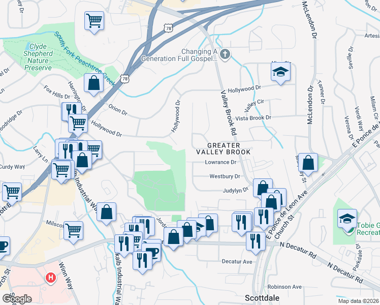 map of restaurants, bars, coffee shops, grocery stores, and more near 2908 Lowrance Drive in Decatur