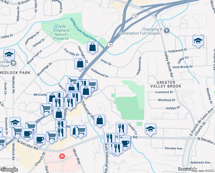 map of restaurants, bars, coffee shops, grocery stores, and more near 2761 Arborcrest Drive in Decatur