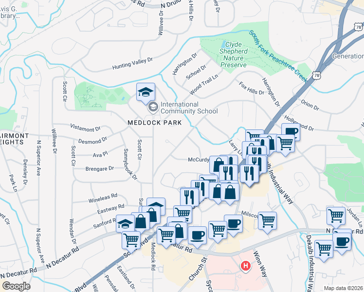 map of restaurants, bars, coffee shops, grocery stores, and more near 2427 Woodridge Drive in Decatur