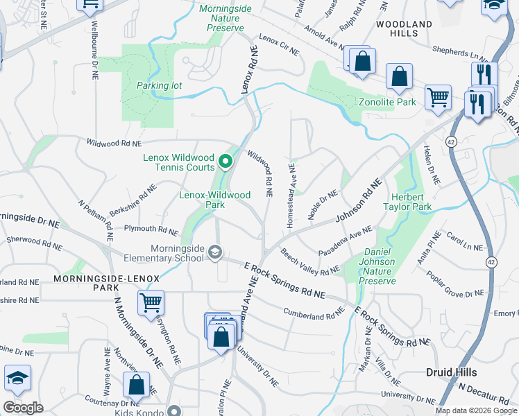 map of restaurants, bars, coffee shops, grocery stores, and more near 1643 Wildwood Road Northeast in Atlanta