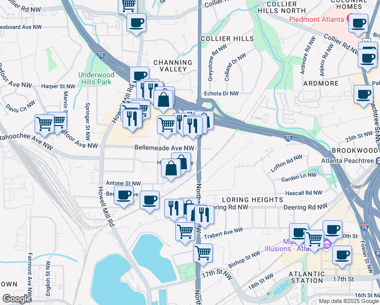 map of restaurants, bars, coffee shops, grocery stores, and more near 1634 Northside Drive Northwest in Atlanta