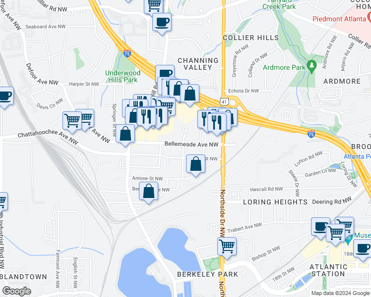 map of restaurants, bars, coffee shops, grocery stores, and more near 698 Bellemeade Avenue Northwest in Atlanta