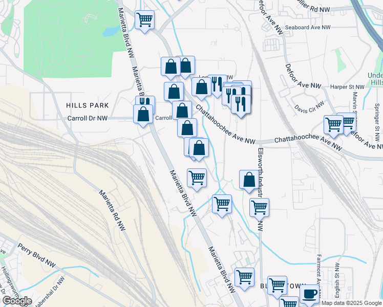 map of restaurants, bars, coffee shops, grocery stores, and more near 1595 Marietta Boulevard Northwest in Atlanta