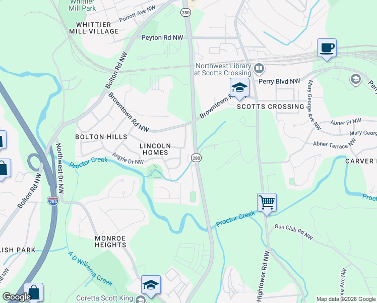 map of restaurants, bars, coffee shops, grocery stores, and more near in Atlanta