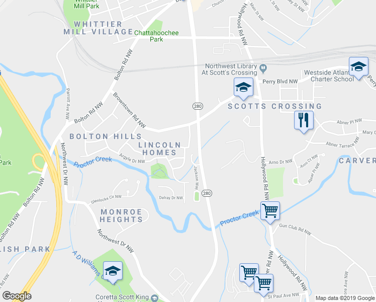 map of restaurants, bars, coffee shops, grocery stores, and more near 2720 Argyle Drive Northwest in Atlanta