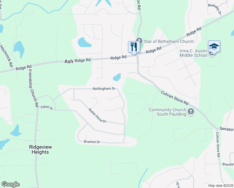 map of restaurants, bars, coffee shops, grocery stores, and more near 607 Nottingham Drive in Douglasville