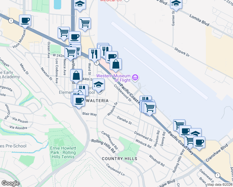 map of restaurants, bars, coffee shops, grocery stores, and more near 24459 Winlock Drive in Torrance