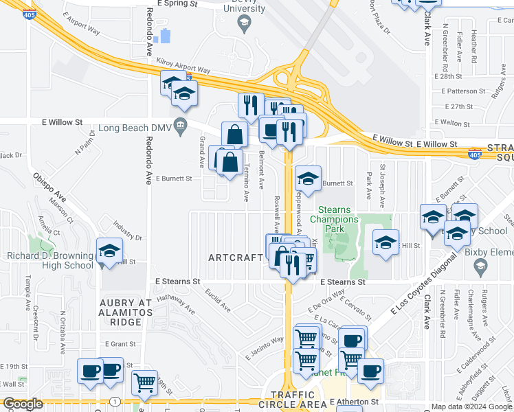 map of restaurants, bars, coffee shops, grocery stores, and more near 2311 Belmont Avenue in Long Beach