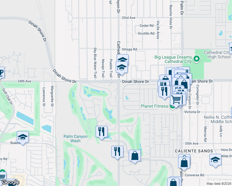 map of restaurants, bars, coffee shops, grocery stores, and more near 34093 Calle Mora in Cathedral City