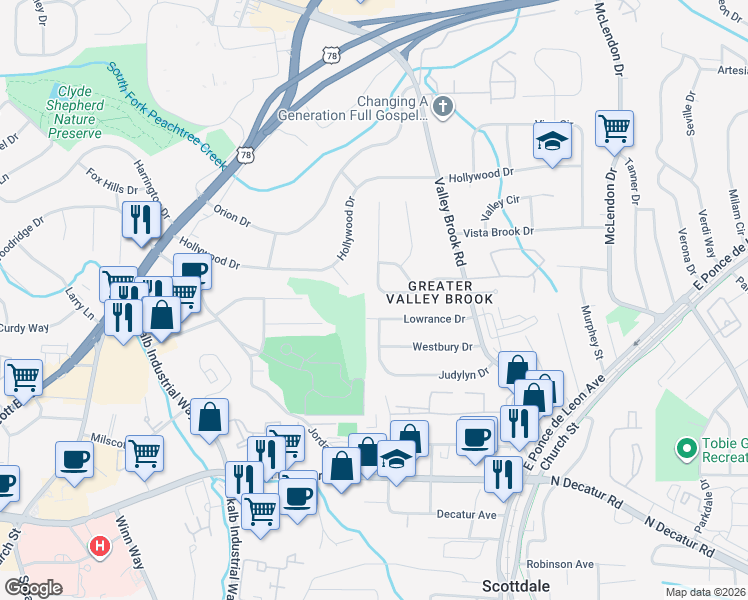 map of restaurants, bars, coffee shops, grocery stores, and more near 2908 Lowrance Drive in Decatur