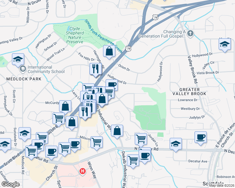 map of restaurants, bars, coffee shops, grocery stores, and more near 788 Jordan Lane in Decatur