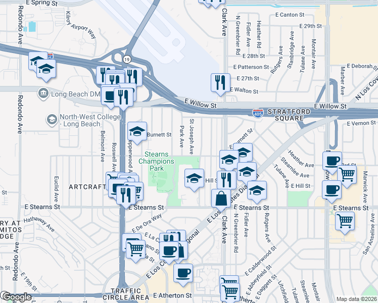 map of restaurants, bars, coffee shops, grocery stores, and more near 2321 Saint Joseph Avenue in Long Beach
