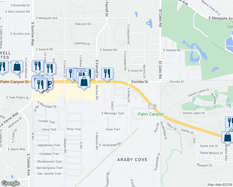 map of restaurants, bars, coffee shops, grocery stores, and more near 2701 Pintura Circle East in Palm Springs