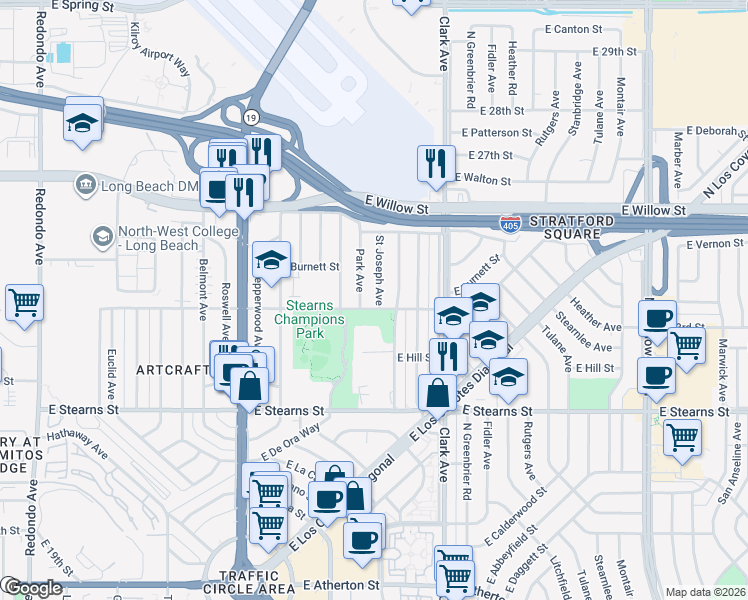 map of restaurants, bars, coffee shops, grocery stores, and more near 2321 Saint Joseph Avenue in Long Beach