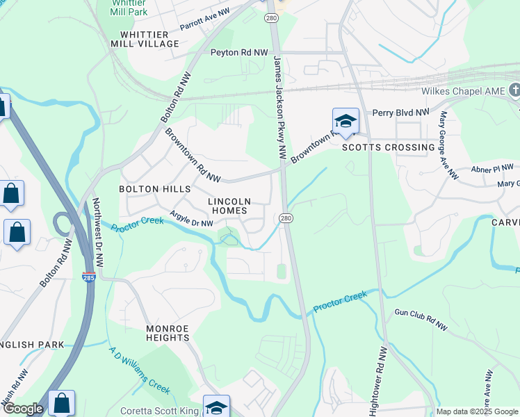 map of restaurants, bars, coffee shops, grocery stores, and more near 1650 Bridgeport Drive Northwest in Atlanta