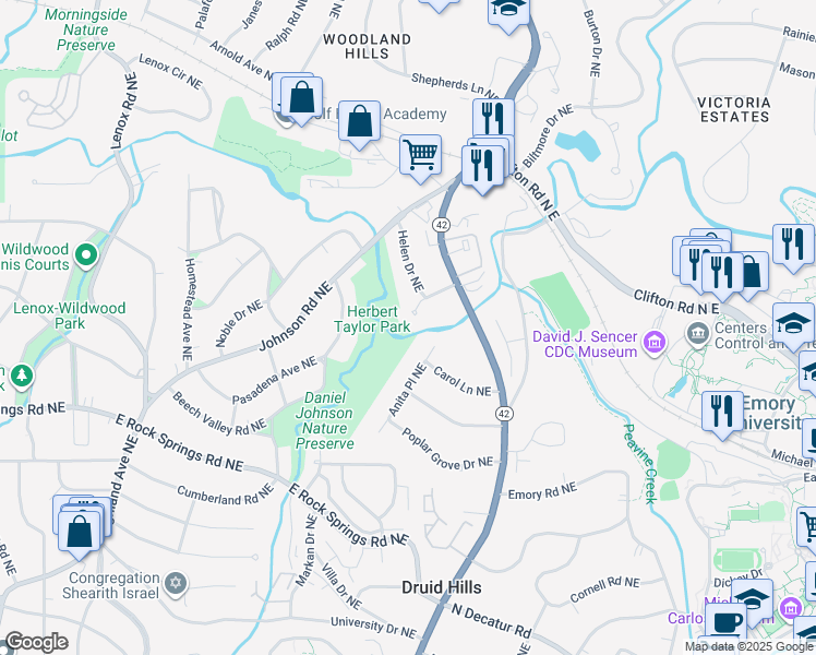 map of restaurants, bars, coffee shops, grocery stores, and more near 1644 Anita Place Northeast in Atlanta