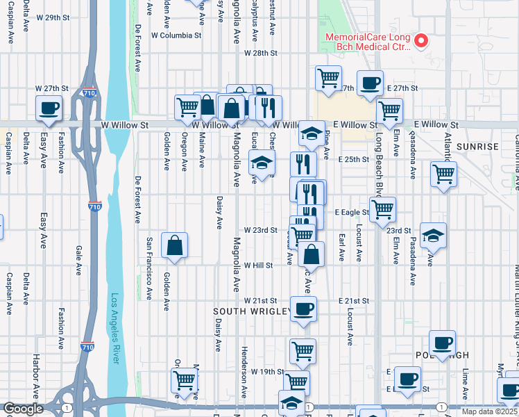 map of restaurants, bars, coffee shops, grocery stores, and more near 2358 Eucalyptus Avenue in Long Beach