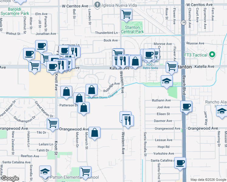 map of restaurants, bars, coffee shops, grocery stores, and more near 11229 Windemere Way in Stanton