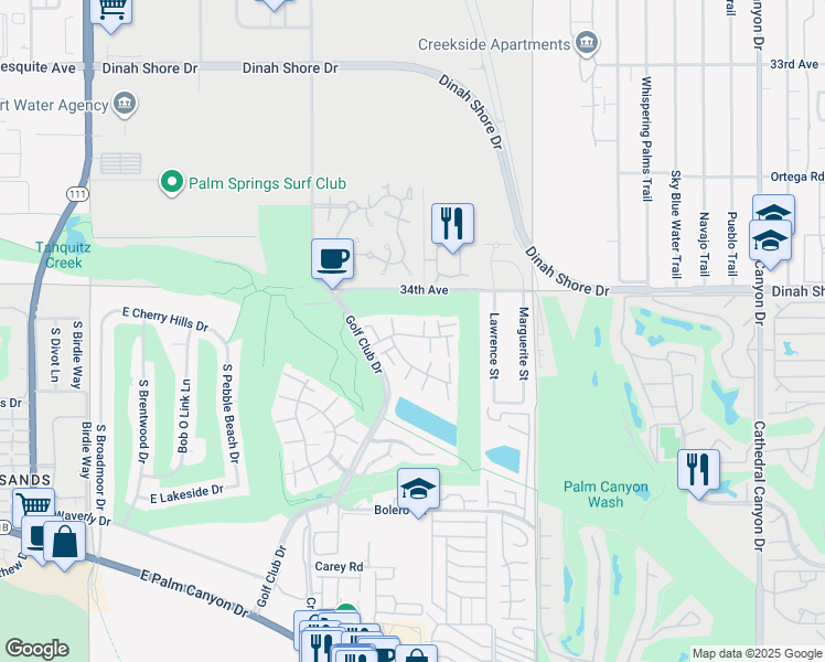 map of restaurants, bars, coffee shops, grocery stores, and more near 6054 Montecito Drive in Palm Springs