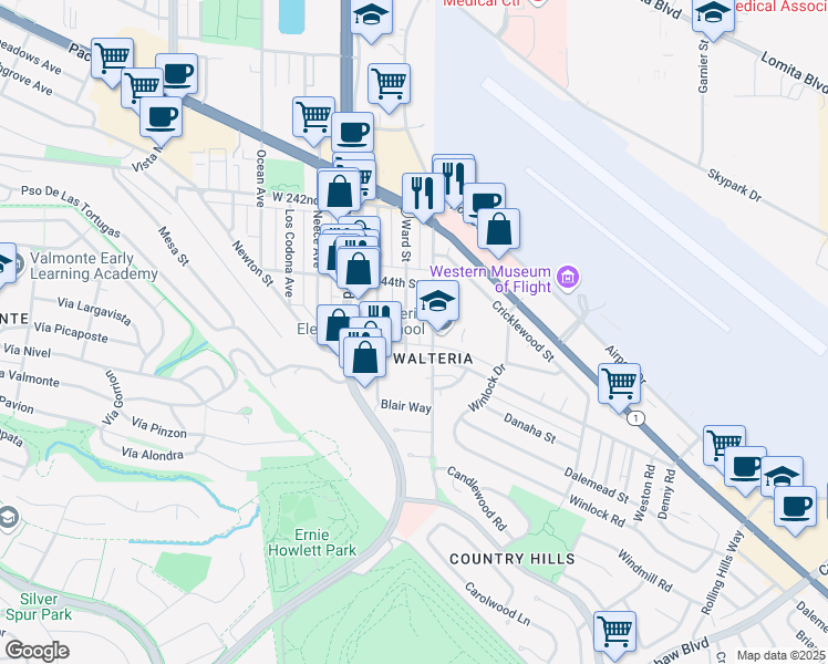 map of restaurants, bars, coffee shops, grocery stores, and more near 24452 Ward Street in Torrance
