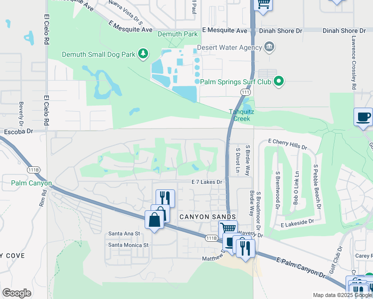 map of restaurants, bars, coffee shops, grocery stores, and more near 72 Lakeview Drive in Palm Springs