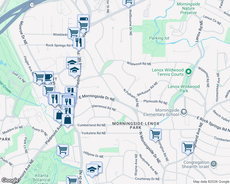 map of restaurants, bars, coffee shops, grocery stores, and more near 1663 North Rock Springs Road Northeast in Atlanta