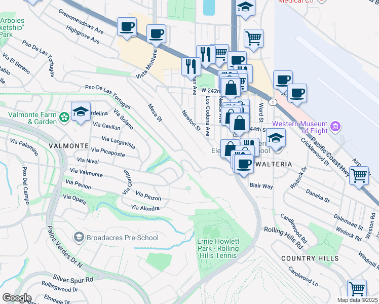 map of restaurants, bars, coffee shops, grocery stores, and more near 3855 Paseo De Las Tortugas in Torrance