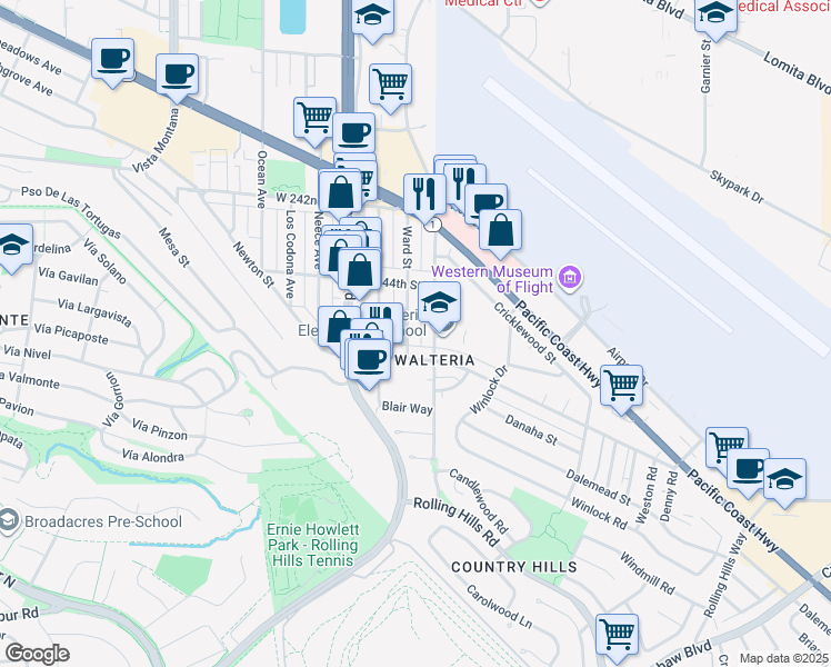 map of restaurants, bars, coffee shops, grocery stores, and more near 24452 Ward Street in Torrance