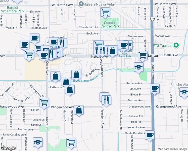 map of restaurants, bars, coffee shops, grocery stores, and more near 11231 Windemere Way in Stanton
