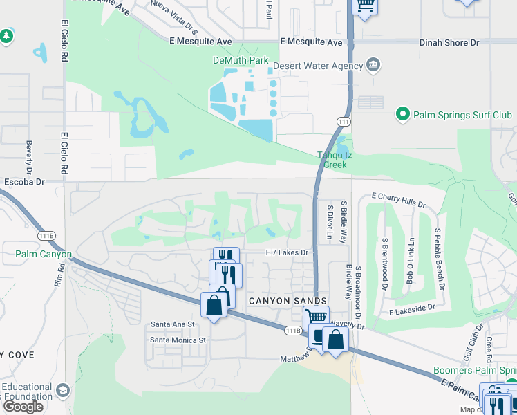 map of restaurants, bars, coffee shops, grocery stores, and more near 72 Lakeview Drive in Palm Springs