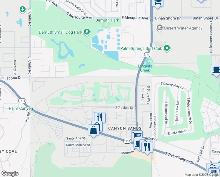 map of restaurants, bars, coffee shops, grocery stores, and more near 74 Lakeview Drive in Palm Springs