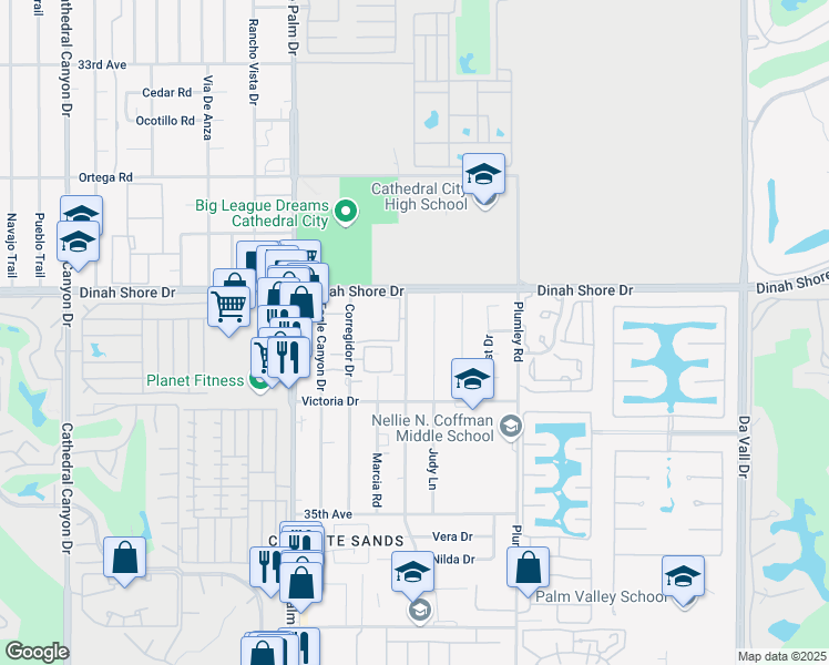 map of restaurants, bars, coffee shops, grocery stores, and more near 34232 Vaquero Road in Cathedral City