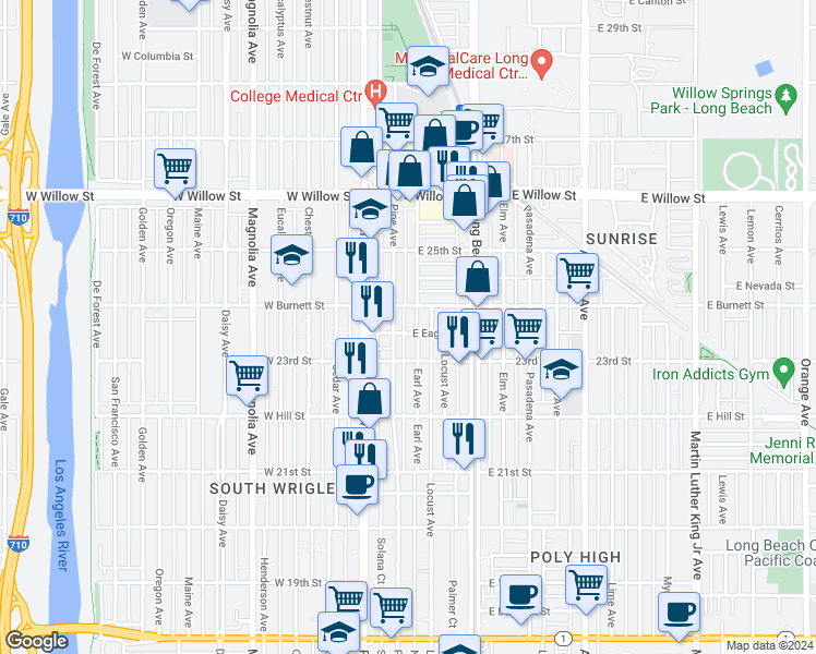 map of restaurants, bars, coffee shops, grocery stores, and more near 119 East Eagle Street in Long Beach