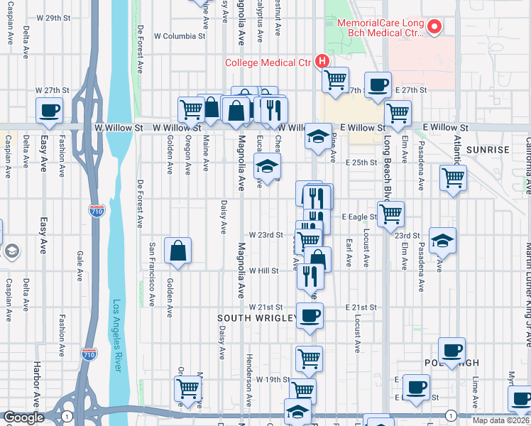 map of restaurants, bars, coffee shops, grocery stores, and more near 2356 Eucalyptus Avenue in Long Beach