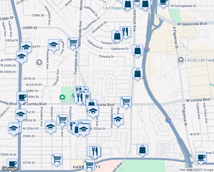 map of restaurants, bars, coffee shops, grocery stores, and more near 1065 Lomita Boulevard in West Carson
