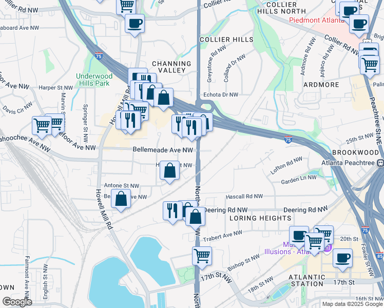 map of restaurants, bars, coffee shops, grocery stores, and more near 1634 Northside Drive Northwest in Atlanta