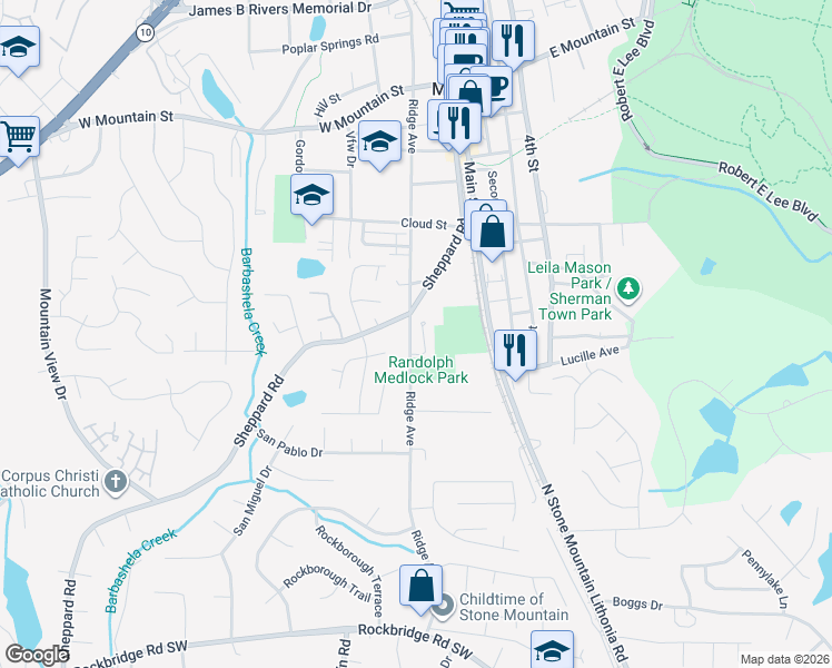 map of restaurants, bars, coffee shops, grocery stores, and more near 5364 Charity Way in Stone Mountain