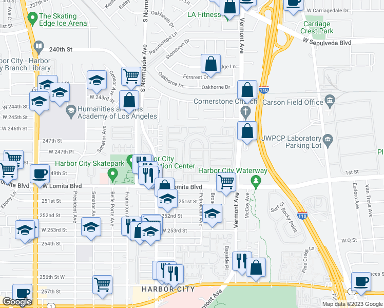 map of restaurants, bars, coffee shops, grocery stores, and more near 1065 Lomita Boulevard in West Carson