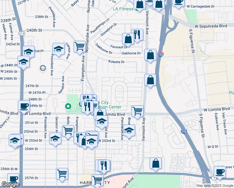 map of restaurants, bars, coffee shops, grocery stores, and more near 1 - 99 Center Avenue in West Carson