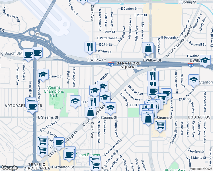 map of restaurants, bars, coffee shops, grocery stores, and more near 2376 Stanbridge Avenue in Long Beach